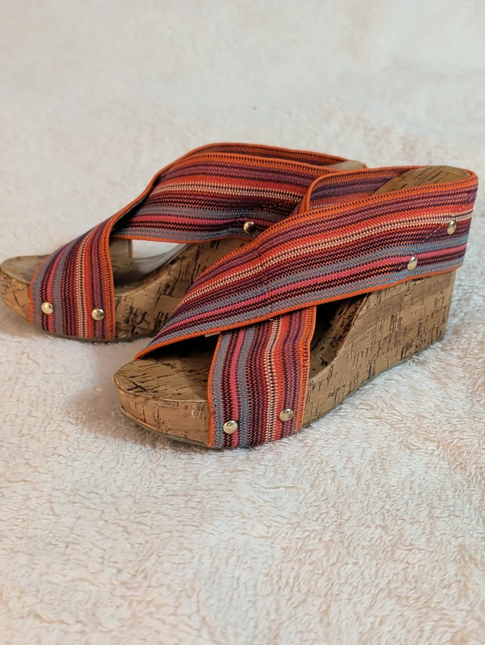 Montego Bay Club Tally Striped Elastic Wedge Cork Sandals - Size 6.5
